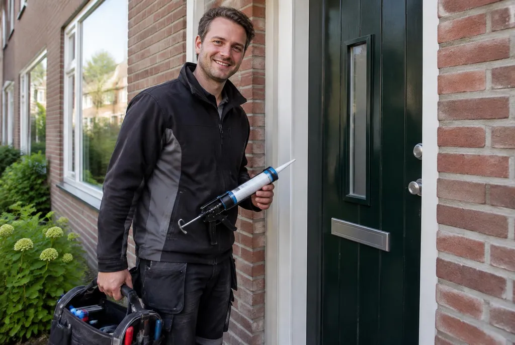 Vakman van Kitbedrijf Huizen bij de voordeur van een woning